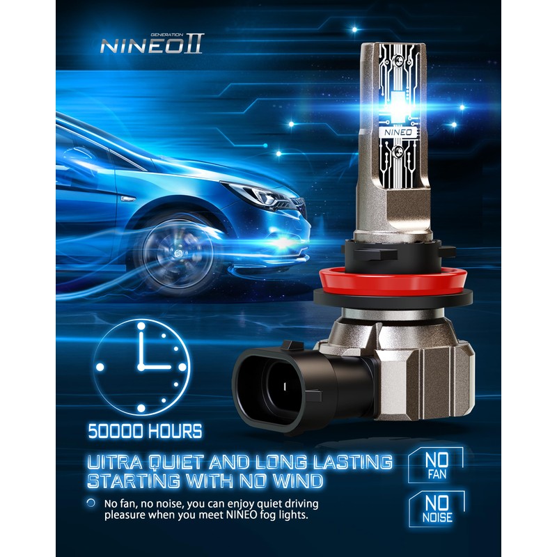 NINEO H11 Bulbs, H11 Fog Light 6500K Cool White Wireless
