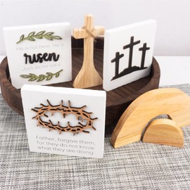 Easter Decor Tiered Tray Bundle He is Risen Resurrection Scene Jesus Tomb Wooden Farmhouse Ornament for Holiday Home Table Decor - Without Tiered Tray (C)