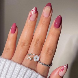 Medium Press on Nails Almond Fake Nails with Design Fall Flower French Tip False Nails Wine Red Acrylic Nails Full Cover Glue Artificial Stick on Nail for Women 24 Pcs Nail Supplies