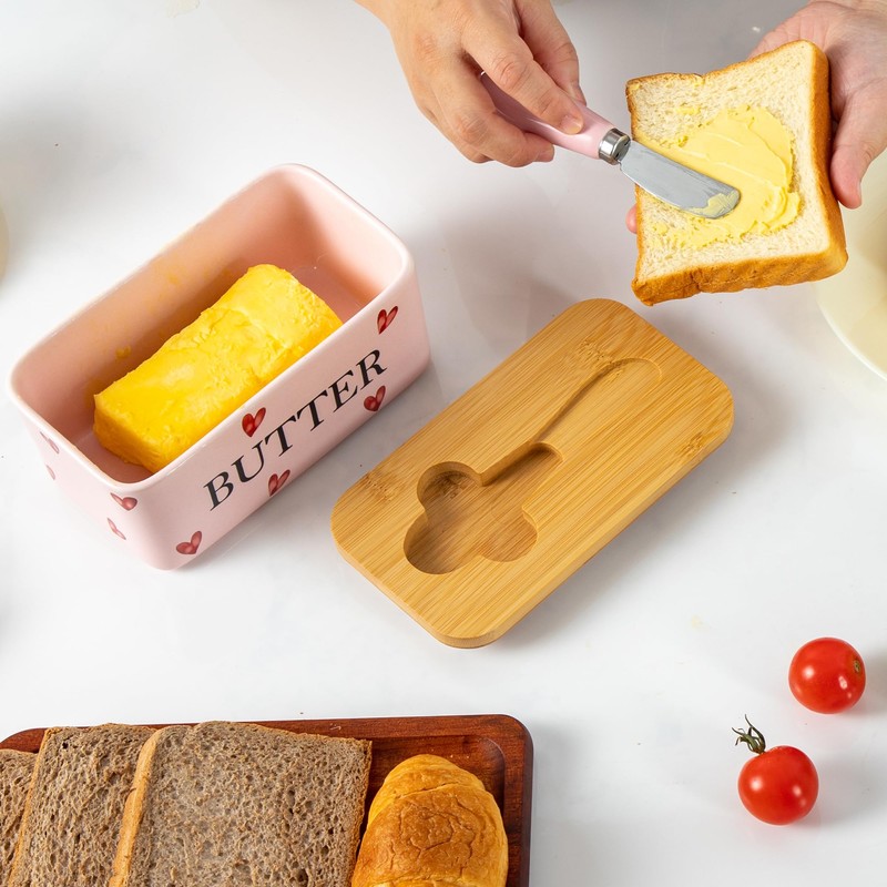 YumiPLUS Pink Ceramic Butter Dish with Bamboo Lid and Knife,