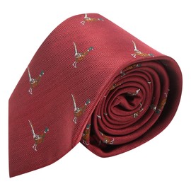 King & Priory Burgundy Red Herringbone Embroidered Pheasant Tie