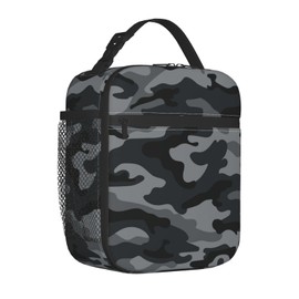 Gbuzozie Military Camouflage Lunch Bag Insulated Portable Reusable Black And Grey Camo Lunch Box With Zipper For Picnic Work Office Travel School