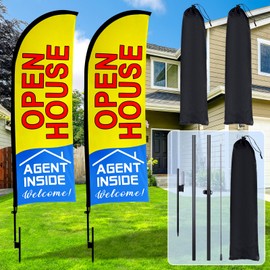 Buryeah 2 Sets 11ft Open House Flags Banners for Real Estate Agents Real Estate Flags with Flagpole Ground Stake Portable Bag Feather Flag Sign Opening Signs Banner for Business Advertising(Yellow)