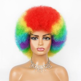 Soft 70s Afro Wig for Women Rainbow Afro Kinky Curly Hair Wigs with Bangs Natural Looking Big Afro Curly Wig for Men Bouncy Afro Puff Wig Synthetic Hair
