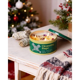 AOOVOO Sage Candle for Cleansing - 3 Wick 12oz Large Scented Candle with Crystals & Sage Leaves Inside, Soy Candles Non Toxic for Meditation Spiritual Gift, Aromatherapy Candle for Women Men