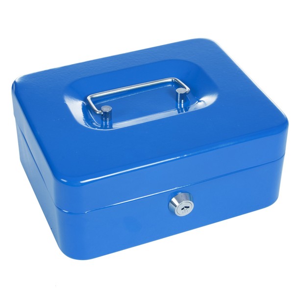 Lockbox Safe with Coin Compartment Tray- Secure and Organize Small Valuables in Key Locked Durable Powder Coated Metal Cash Box Safe- Blue by Stalwart