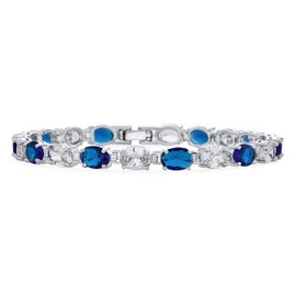 Traditional Bridal Vintage Style Jewelry Cubic Zirconia 7x5 Oval Shape AAA CZ 20 CTW Alternating Simulated Gemstone Clear AAA CZ Blue Sapphire Tennis Bracelet for Women Wedding Silver Plated 7 Inch
