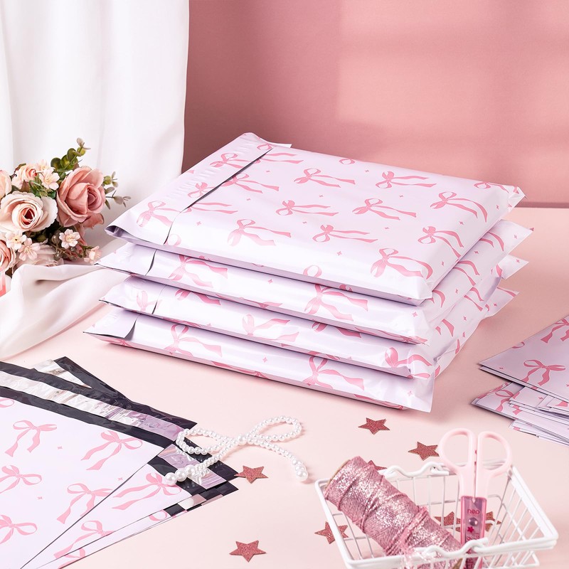RUSPEPA 100 Pcs Pink Bow Poly Mailer, Coquette Bowknot Waterproof