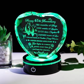 YWHL 65th Wedding Anniversary Crystal Heart Gifts for Parents Couples with LED Base Laser Engraved Happy 65 Years Anniversary Keepsake Gift for Husband Wife 65 Years of Marriage Gifts for Her Him