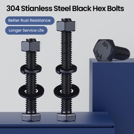 BNUOK 3/8-16 x 2 Hex Head Screws Bolts,Hex Nuts,Flat & Lock Washers,304 Stainless Steel 18-8,Black Zinc Plated,Fully Threaded(18 Sets)