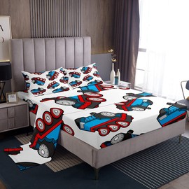 Train Bed Sheets Set Kids Cartoon Car Sheet Set Boys Girls Train Travel Decor Sheets with Deep Pocket Fitted Sheet Microfiber Train Construction Red Blue Bedding Set Bedroom Full Size