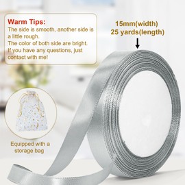 Bealif 25 Yards 15mm Silver Satin Ribbon, 22m Silver Grey Ribbon Fabric Polyester Ribbon for Gift Wrapping, Crafting, Hair Bows, Sewing Project, Bridal Bouquet, Wedding Baby Shower Decoration