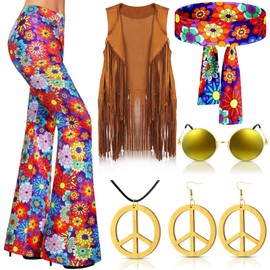 Haull 7 Pcs 60s 70s Outfits for Women Hippie Costume Set Boho Flared Pants Fringe Vest Peace Sign Accessories Set (Stylish,X-Large)