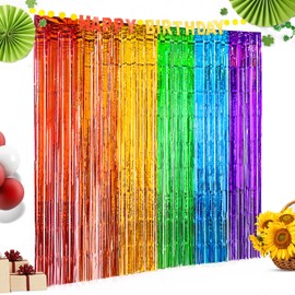 BlingABC 2Pack Rainbow Foil Fringe Curtains Backdrop, 6.6x6.6ft Tinsel Metallic Tassel Streamers for Fiesta Holiday Photo Booth Props Birthday Wedding Engagement Bridal Shower Celebration Party Decor