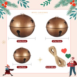 Tandefio Giant Christmas Vintage Bells Christmas Tree Ornaments Set of 5.5" 4.7" 4" H Decorative Bells with Jute Hanging Rope for Christmas Door Knob Home Garden Decor DIY Craft (Gold)