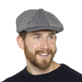 Mens Baker Boy Thermal Hat 8 Panel Thinsulate Lined Grey Herringbone Wool Blend Newsboy Cap - M/L