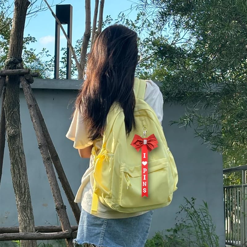 Red Cheer Pin Ribbon Keychain for Cheerleader Women Girls Glitter