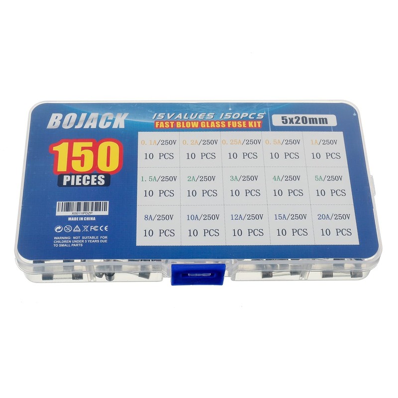 BOJACK 15 Values 150 pcs Fast Blow Glass Fuses Assortment