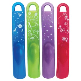 Shoe Horns for Kids | Family Pack of 4: Blue, Green, Pink, Purple | by Jasmine Seven | Colorful smooth lightweight plastic for all ages