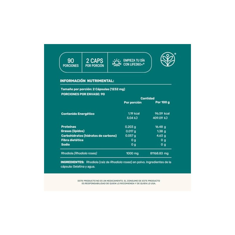 Life 360 Rhodiola Rosea 180 Cápsulas 1232 Por Porción