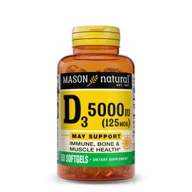 MASON NATURAL Vitamin D3 125 mcg (5000 IU) - Supports Overall Health, Strengthens Bones and Muscles, from Fish Liver Oil, 50 Softgels | MASON NATURAL