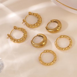 18K Gold Plated Posts Three Pairs Small Hoop Earrings for Women - Statement Gold Hoop Earrings Set - Cubic Zirconia Rope Teardrop Chunky Huggie Earscape Piercings