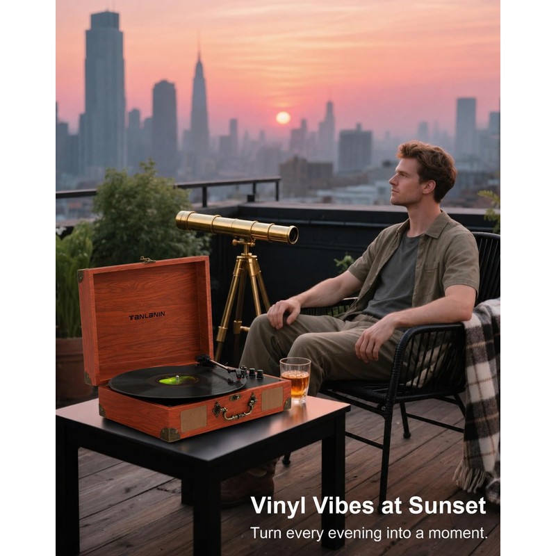 TANLANIN Suitcase Record Player with Speakers, Bluetooth in/Out, Red Brown