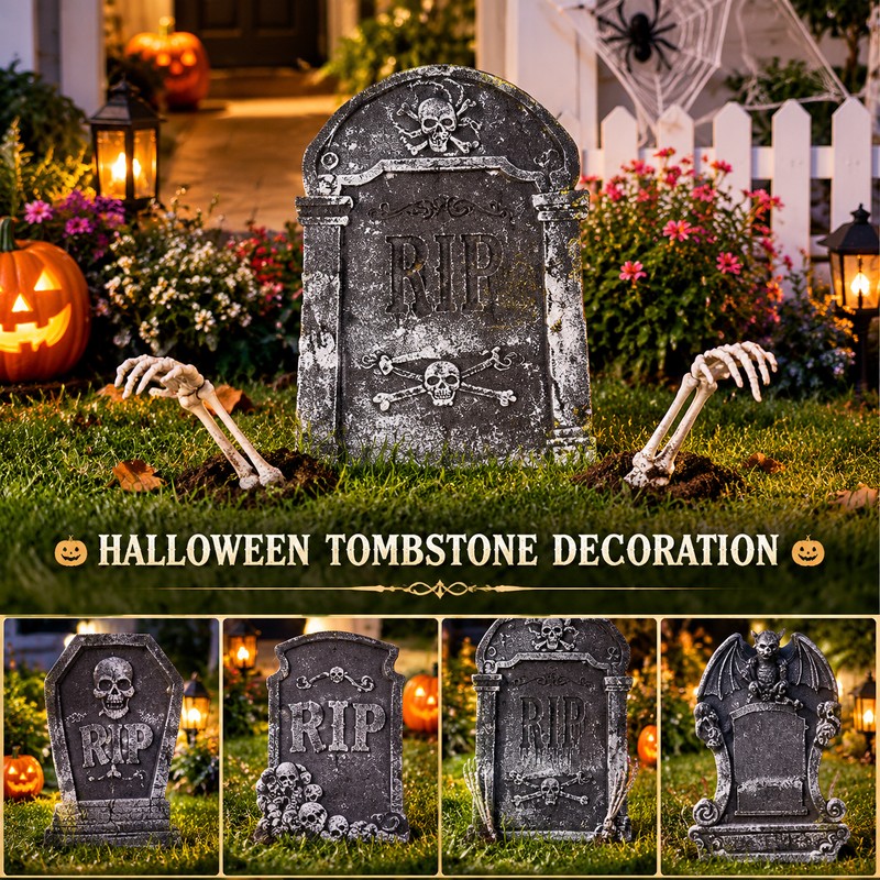4PCS Halloween Tombstone Decorations – Foam Skeleton Graveyard Props for