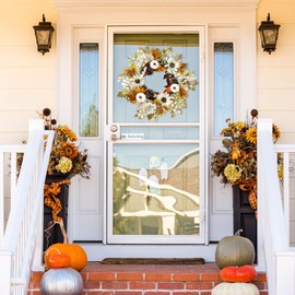 Sggvecsy Fall Wreath 20’’ Autumn Front Door Wreath Harvest Wreath with Pumpkins White Sunflowers Cluster of Berries Maple Leaves Pine Cones for Outside Indoor Wall Festival Thanksgiving Autumn Decor