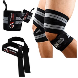 GN Fitness Set 3 en 1 Vendas para Rodilla Gym Muñequeras para Gym Straps para Gimnasio Pack de Vendas para Levantamiento de Pesas Wraps para Rodillas 