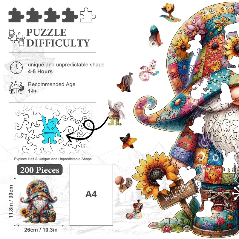 Wooden Jigsaw Puzzles, 300 Pieces Gnome Wooden Puzzles for Adults