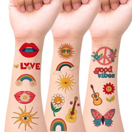 HOWAF 10 PCS Hippie Temporary Tattoo, 60s 70s Party Decorations Waterproof Fake Tattoos Stickers Peace Sign Retro Flower Groovy Party Hippy Tattoos for Kids Adult Hippie Accessories Party Bag Filler