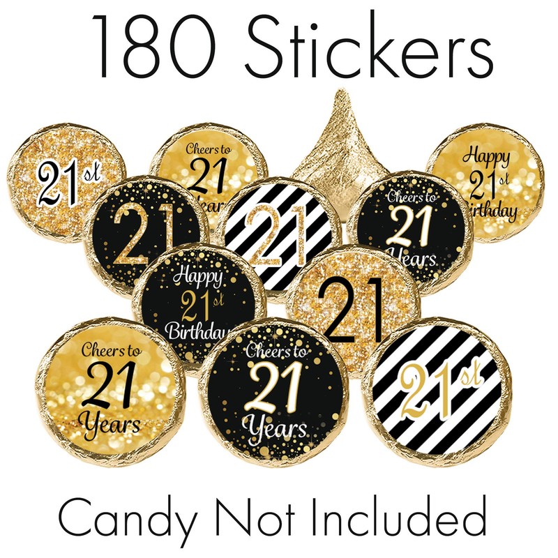 21st Birthday Party Favor Stickers - Black and Gold -