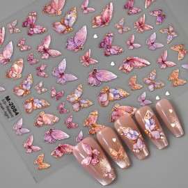 Butterfly Nail Art Stickers 5D Embossed Pink Butterfly Nail Decals Glitter Aurora Butterfly Nail Pattern Self-Adhesive Nail Art Supplies Butterfly Nail Stickers for Women Manicure DIY Nail Decoration