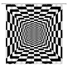 Optical Illusion Shower Curtain Black White Checkboard Pattern Reflecting Symmetric Squares Zoom Abstract Plaid Vortex Hippie Modern Minimalist Art Polyester Bathroom Decor with Hook
