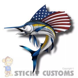 Reel Sticky Sailfish USA American Flag Sticker Sail Fish Cup Cooler Car Window Bumper Decal