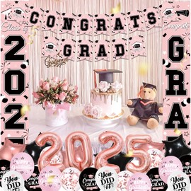 NUTTYBASH Graduation Decorations Class of 2025, Black Pink Graduation Party Decorations Set Includes Congrats Grad Backdrop Banner, 2025 Foil Balloons and Latex Balloons, Graduation Party Supplies