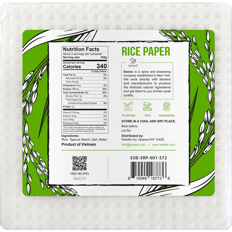 Soeos Rice Paper, White Rice Paper Wrappers, 1 Pack, 34