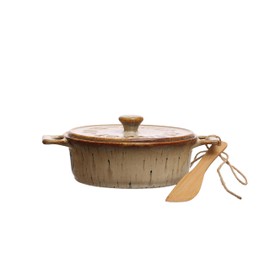 Creative Co-Op Stoneware Brie Baker with Bamboo Spreader Set in Reactive Glaze, Brown and Tan
