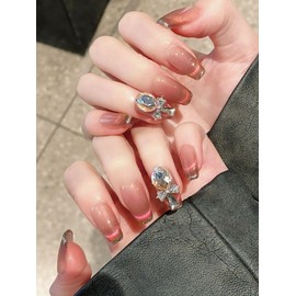 BIBII Nails Handmade Nail Tip, Popular, Korean Popular, Long, Cute Pink, 10 Pieces, Oval, Ultra Thin, 100% Handmade Nails, Press on Nails, 3D Nails, Luxurious, Mass-Produced, Dreamy, Sparkling Stars,