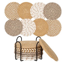 MKUCCD 8 Pcs Drink Coasters with Holder, Minimalist Cotton Woven 4 Colors Absorbent Coaster Set for Home Decor Tabletop Protection Suitable for Kinds of Cups, 4.3 Inches (Gray+Light Coffee)