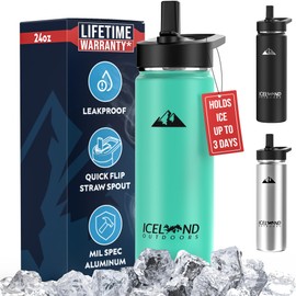 Insulated Water Bottle with Straw and Flip Top Lid, Fits Cup Holder, Double Walled Stainless Steel Vacuum Sealed, Leak and Sweat Proof Teal 24oz