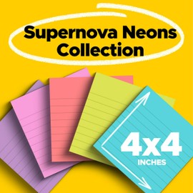 Post-it Super Sticky Notes, 6 Lined Sticky Note Pads, 4 x 4 in., School Supplies, Office Products, 2X the Sticking Power, Supernova Neons Collection