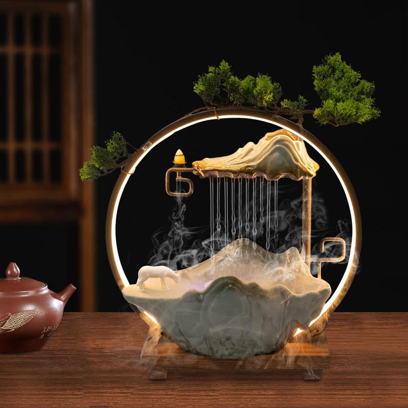 Tabletop Water Fountain, Indoor Waterfall with Round LED Light &
