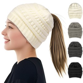 AUYAO Women Ponytail Beanie Knit Hat, Stretch Soft Cable Knit Hat with Hole for Ladies, Stylish Thermal Warm Winter Ponytail Knit Cap, Slouchy Ribbed Messy High Bun Ponytail Hat for Outdoor Sport