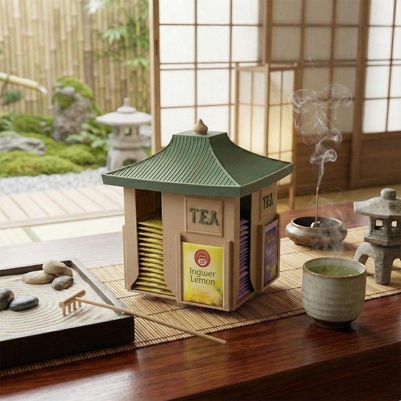 Rotating Japanese Tea Bag Organizer Dispenser - Pagoda Design, 360°