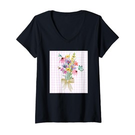 Womens FLORAL WATERCOLORED FLOWERS BEE DRAGONFLY BUTTERFLY LADYBUG V-Neck T-Shirt