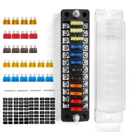 LENKRAD 12 Way Fuse Block Blade Fuse Box NO LED Warning Indicator, 12 Circuits ATC/ATO with Negative Bus, Protection Cover, Bolt Connect Terminals, Sticker Labels for Car Marine RV Truck