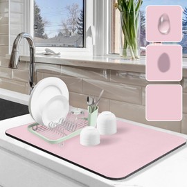 Dish Drying Mat for Kitchen Counter, 16"x24" Dish Drying Pad with Non-slip Rubber Backed, Hide Stain Anti Absorbent for Kitchen Counter, Drying Mat for Coffee Machine Dish Rack (Pink)
