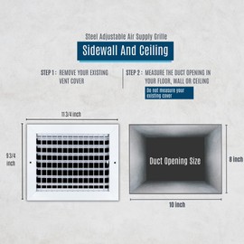 Fits 10x8 Duct Opening Steel Adjustable Air Supply Grille by Handua | Register Vent Cover Grill for Sidewall and Ceiling | White | Outer Dimensions: 11.75" X 9.75"